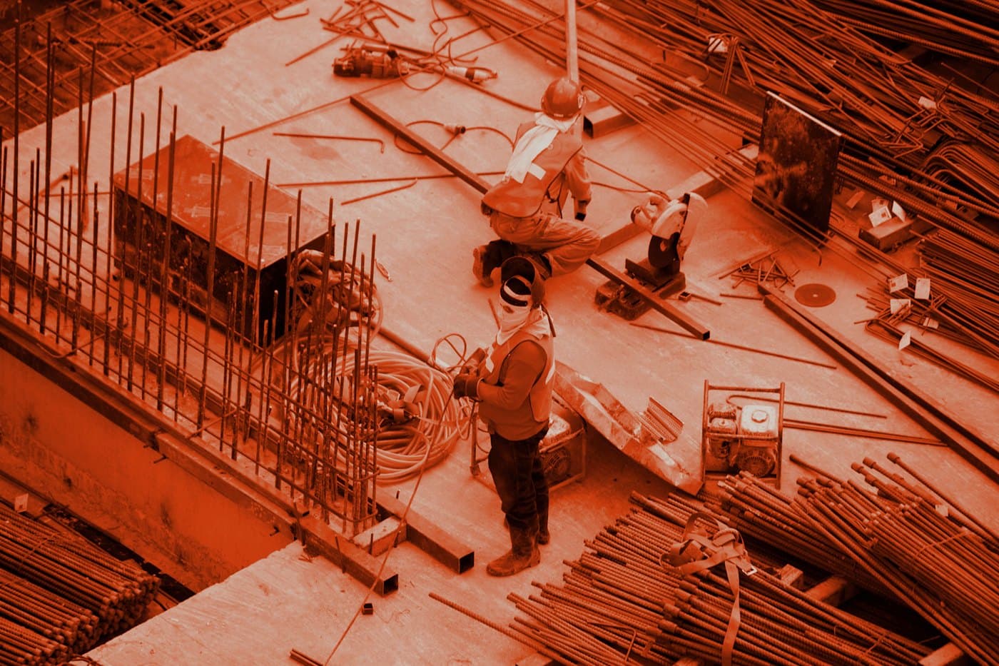 Rebar on a live deck, seen from above.