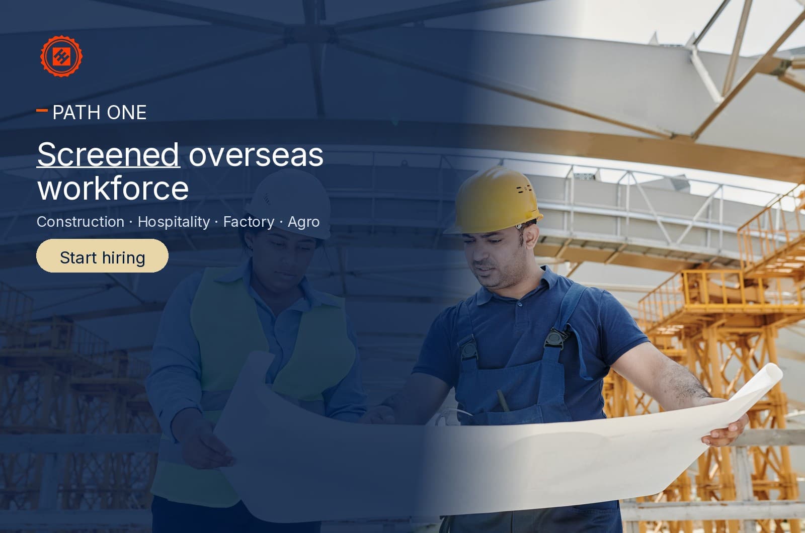 Construction workers on a live site — the trades ISHC places as screened overseas crews.